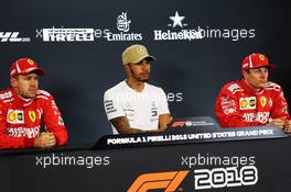 (L to R): Sebastian Vettel (GER) Ferrari; Lewis Hamilton (GBR) Mercedes AMG F1; and Kimi Raikkonen (FIN) Ferrari, in the post qualifying FIA Press Conference. 20.10.2018. Formula 1 World Championship, Rd 18, United States Grand Prix, Austin, Texas, USA, Qualifying Day.