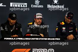 The FIA Press Conference (L to R): Lewis Hamilton (GBR) Mercedes AMG F1; Fernando Alonso (ESP) McLaren; Daniel Ricciardo (AUS) Red Bull Racing. 18.10.2018. Formula 1 World Championship, Rd 18, United States Grand Prix, Austin, Texas, USA, Preparation Day.