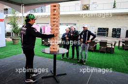 Sergio Perez (MEX) Racing Point Force India F1 Team and team mate Esteban Ocon (FRA) Racing Point Force India F1 Team play giant Jenga with Johnny Herbert (GBR) Sky Sports F1 Presenter and David Croft (GBR) Sky Sports Commentator. 18.10.2018. Formula 1 World Championship, Rd 18, United States Grand Prix, Austin, Texas, USA, Preparation Day.