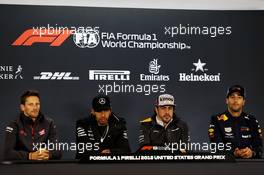 The FIA Press Conference (L to R): Romain Grosjean (FRA) Haas F1 Team; Lewis Hamilton (GBR) Mercedes AMG F1; Fernando Alonso (ESP) McLaren; Daniel Ricciardo (AUS) Red Bull Racing. 18.10.2018. Formula 1 World Championship, Rd 18, United States Grand Prix, Austin, Texas, USA, Preparation Day.