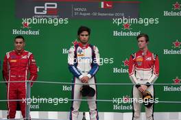 Race 2, 2nd place Giuliano Alesi (FRA) Trident; Pedro Piquet (BRA) Trident race winner and 3rd place Callum Ilott (GBR) ART Grand Prix 02.09.2018. GP3 Series, Rd 7, Monza, Italy, Sunday.