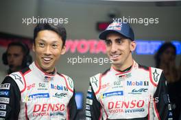 (L to R): Pole sitters Kazuki Nakajima (JPN) and Sebastien Buemi (SUI) #08 Toyota Gazoo Racing Toyota TS050 Hybrid. 14.06.2018. FIA World Endurance Championship, Le Mans 24 Hours, Qualifying, Le Mans, France. Thursday.