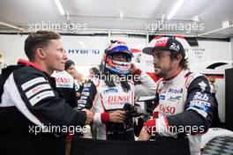 (L to R): Mike Conway (GBR) Toyota Gazoo Racing with Jose Maria Lopez (ARG) Toyota Gazoo Racing and Fernando Alonso (ESP) Toyota Gazoo Racing 14.06.2018. FIA World Endurance Championship, Le Mans 24 Hours, Qualifying, Le Mans, France. Thursday.