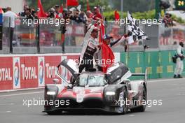Race winners Fernando Alonso (ESP); Kazuki Nakajima (JPN); and Sebastien Buemi (SUI) #08 Toyota Gazoo Racing Toyota TS050 Hybrid, celebrate at the end of the race. 16-17.06.2018. FIA World Endurance Championship, Le Mans 24 Hours, Race, Le Mans, France.
