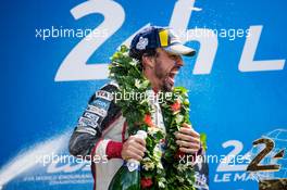 Race winner Fernando Alonso (ESP) Toyota Gazoo Racing celebrates on the podium. 16-17.06.2018. FIA World Endurance Championship, Le Mans 24 Hours, Race, Le Mans, France.