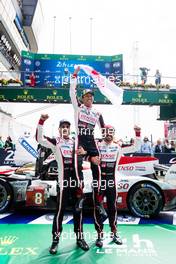 (L to R): Race winners Fernando Alonso (ESP); Kazuki Nakajima (JPN); and Sebastien Buemi (SUI) #08 Toyota Gazoo Racing, celebrate in parc ferme. 16-17.06.2018. FIA World Endurance Championship, Le Mans 24 Hours, Race, Le Mans, France.