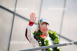 Kamui Kobayashi (JPN) Toyota Gazoo Racing celebrates his second position on the podium. 16-17.06.2018. FIA World Endurance Championship, Le Mans 24 Hours, Race, Le Mans, France.