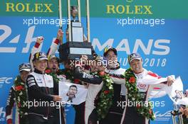 Race winners Fernando Alonso (ESP); Sebastien Buemi (SUI); and Kazuki Nakajima (JPN) #08 Toyota Gazoo Racing, celebrate on the podium. 16-17.06.2018. FIA World Endurance Championship, Le Mans 24 Hours, Race, Le Mans, France.