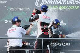 Race winner Fernando Alonso (ESP) Toyota Gazoo Racing (Right) celebrates on the podium with members of the team. 05.05.2018. FIA World Endurance Championship, Round 1, Spa-Francorchamps, Belgium, Saturday.