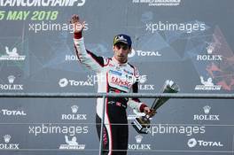 Race winner Sebastien Buemi (SUI) Toyota Gazoo Racing celebrates on the podium. 05.05.2018. FIA World Endurance Championship, Round 1, Spa-Francorchamps, Belgium, Saturday.