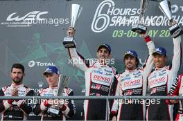 (L to R): Race winners Sebastien Buemi (SUI), Fernando Alonso (ESP), and Kazuki Nakajima (JPN) #08 Toyota Gazoo Racing, celebrate on the podium. 05.05.2018. FIA World Endurance Championship, Round 1, Spa-Francorchamps, Belgium, Saturday.