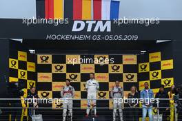 Podium mit Mike Rockenfeller (GER) (Audi Sport Team Phoenix - Audi RS5 DTM) , Marco Wittmann (GER) (BMW Team RMG - BMW M4 DTM)  und Robin Frijns (NL) (Audi Sport Team Abt Sportsline - Audi RS5 DTM)  04.05.2019, DTM Round 1, Hockenheimring, Germany, Saturday.
