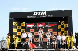 Podium mit Philipp Eng (AUT) (BMW Team RMR - BMW M4 DTM) , Nico Müller (SUI) (Audi Sport Team Abt Sportsline - Audi RS5 DTM)  und Rene Rast (GER) (Audi Sport Team Rosberg - Audi RS5 DTM) 09.06.2019, DTM Round 3, Misano, Italy, Sunday.