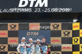 Podium mit Nico Müller (SUI) (Audi Sport Team Abt Sportsline - Audi RS5 DTM) , Rene Rast (GER) (Audi Sport Team Rosberg - Audi RS5 DTM)  und Mike Rockenfeller (GER) (Audi Sport Team Phoenix - Audi RS5 DTM)   25.08.2019, DTM Round 7, Lausitzring, Germany, Sunday.