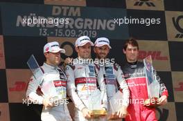 Podium mit Robin Frijns (NL) (Audi Sport Team Abt Sportsline - Audi RS5 DTM) , Jamie Green (GBR) (Audi Sport Team Rosberg - Audi RS5 DTM)  und Rene Rast (GER) (Audi Sport Team Rosberg - Audi RS5 DTM)  15.09.2019, DTM Round 8, Nürburgring, Germany, Sunday.