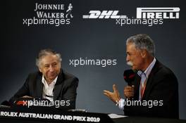 (L to R): Jean Todt (FRA) FIA President and Chase Carey (USA) Formula One Group Chairman in an FIA Press Conference. 15.03.2019. Formula 1 World Championship, Rd 1, Australian Grand Prix, Albert Park, Melbourne, Australia, Practice Day.