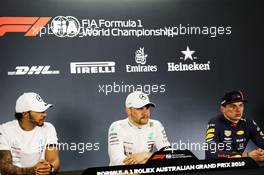 (L to R): Lewis Hamilton (GBR) Mercedes AMG F1; Valtteri Bottas (FIN) Mercedes AMG F1; and Max Verstappen (NLD) Red Bull Racing, in the post race FIA Press Conference. 17.03.2019. Formula 1 World Championship, Rd 1, Australian Grand Prix, Albert Park, Melbourne, Australia, Race Day.