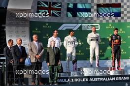 The podium (L to R): Lewis Hamilton (GBR) Mercedes AMG F1, second; Valtteri Bottas (FIN) Mercedes AMG F1, race winner; Max Verstappen (NLD) Red Bull Racing, third. 17.03.2019. Formula 1 World Championship, Rd 1, Australian Grand Prix, Albert Park, Melbourne, Australia, Race Day.