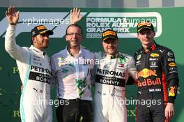 1st place Valtteri Bottas (FIN) Mercedes AMG F1 W10, 2nd place Lewis Hamilton (GBR) Mercedes AMG F1 W10 and 3rd place Max Verstappen (NLD) Red Bull Racing RB15. 17.03.2019. Formula 1 World Championship, Rd 1, Australian Grand Prix, Albert Park, Melbourne, Australia, Race Day.