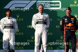 1st place Valtteri Bottas (FIN) Mercedes AMG F1 W10, 2nd place Lewis Hamilton (GBR) Mercedes AMG F1 W10 and 3rd place Max Verstappen (NLD) Red Bull Racing RB15. 17.03.2019. Formula 1 World Championship, Rd 1, Australian Grand Prix, Albert Park, Melbourne, Australia, Race Day.