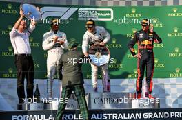 The podium (L to R): Lewis Hamilton (GBR) Mercedes AMG F1, second; Valtteri Bottas (FIN) Mercedes AMG F1, race winner; Max Verstappen (NLD) Red Bull Racing, third. 17.03.2019. Formula 1 World Championship, Rd 1, Australian Grand Prix, Albert Park, Melbourne, Australia, Race Day.