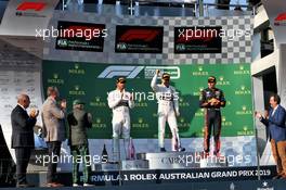 The podium (L to R): Lewis Hamilton (GBR) Mercedes AMG F1, second; Valtteri Bottas (FIN) Mercedes AMG F1, race winner; Max Verstappen (NLD) Red Bull Racing, third. 17.03.2019. Formula 1 World Championship, Rd 1, Australian Grand Prix, Albert Park, Melbourne, Australia, Race Day.