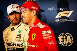 (L to R): Pole sitter Lewis Hamilton (GBR) Mercedes AMG F1 in qualifying parc ferme with third placed Sebastian Vettel (GER) Ferrari. 16.03.2019. Formula 1 World Championship, Rd 1, Australian Grand Prix, Albert Park, Melbourne, Australia, Qualifying Day.