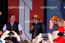 (L to R): Zak Brown (USA) McLaren Executive Director; Carlos Sainz Jr (ESP) McLaren; and Lando Norris (GBR) McLaren, at the F1 Season Launch in Federation Square. 13.03.2019. Formula 1 World Championship, Rd 1, Australian Grand Prix, Albert Park, Melbourne, Australia, Preparation Day.