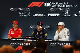 The post race FIA Press Conference (L to R): Charles Leclerc (MON) Ferrari, second; Max Verstappen (NLD) Red Bull Racing, race winner; Valtteri Bottas (FIN) Mercedes AMG F1, third. 30.06.2019 Formula 1 World Championship, Rd 9, Austrian Grand Prix, Spielberg, Austria, Race Day.