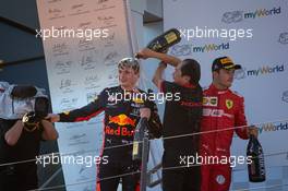 Race winner Max Verstappen (NLD) Red Bull Racing celebrates on the podium with Toyoharu Tanabe (JPN) Honda Racing F1 Technical Director. 30.06.2019 Formula 1 World Championship, Rd 9, Austrian Grand Prix, Spielberg, Austria, Race Day.