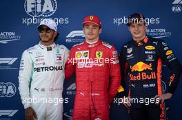 Qualifying top three in parc ferme (L to R): Lewis Hamilton (GBR) Mercedes AMG F1, second; Charles Leclerc (MON) Ferrari, pole position; Max Verstappen (NLD) Red Bull Racing, third. 29.06.2019. Formula 1 World Championship, Rd 9, Austrian Grand Prix, Spielberg, Austria, Qualifying Day.