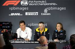 The FIA Press Conference (L to R): Toto Wolff (GER) Mercedes AMG F1 Shareholder and Executive Director; Cyril Abiteboul (FRA) Renault Sport F1 Managing Director; Claire Williams (GBR) Williams Racing Deputy Team Principal. 26.04.2019. Formula 1 World Championship, Rd 4, Azerbaijan Grand Prix, Baku Street Circuit, Azerbaijan, Practice Day.