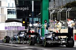Valtteri Bottas (FIN) Mercedes AMG F1 W10 and Lewis Hamilton (GBR) Mercedes AMG F1 W10 at the end of the pit lane. 26.04.2019. Formula 1 World Championship, Rd 4, Azerbaijan Grand Prix, Baku Street Circuit, Azerbaijan, Practice Day.