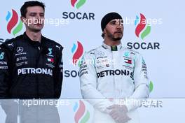 Lewis Hamilton (GBR) Mercedes AMG F1 celebrates his second position on the podium. 28.04.2019. Formula 1 World Championship, Rd 4, Azerbaijan Grand Prix, Baku Street Circuit, Azerbaijan, Race Day.