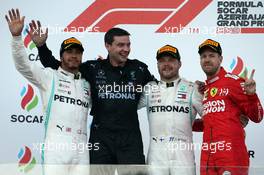 1st place for Valtteri Bottas (FIN) Mercedes AMG F1 W10, 2nd Lewis Hamilton (GBR) Mercedes AMG F1 W10 and 3rd Sebastian Vettel (GER) Ferrari SF90. 28.04.2019. Formula 1 World Championship, Rd 4, Azerbaijan Grand Prix, Baku Street Circuit, Azerbaijan, Race Day.