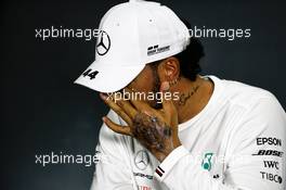 Lewis Hamilton (GBR) Mercedes AMG F1 in the FIA Press Conference - new tattoo on left hand. 27.04.2019. Formula 1 World Championship, Rd 4, Azerbaijan Grand Prix, Baku Street Circuit, Azerbaijan, Qualifying Day.