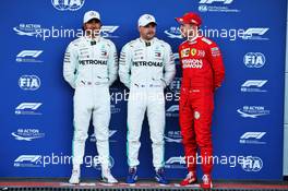 Qualifying top three in parc ferme (L to R): Lewis Hamilton (GBR) Mercedes AMG F1, second; Valtteri Bottas (FIN) Mercedes AMG F1, pole position; Sebastian Vettel (GER) Ferrari, third. 27.04.2019. Formula 1 World Championship, Rd 4, Azerbaijan Grand Prix, Baku Street Circuit, Azerbaijan, Qualifying Day.