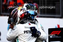 Valtteri Bottas (FIN) Mercedes AMG F1 celebrates his pole position with team mate Lewis Hamilton (GBR) Mercedes AMG F1 in qualifying parc ferme. 27.04.2019. Formula 1 World Championship, Rd 4, Azerbaijan Grand Prix, Baku Street Circuit, Azerbaijan, Qualifying Day.