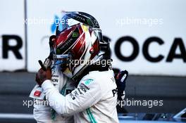 Lewis Hamilton (GBR) Mercedes AMG F1 congratulates team mate Valtteri Bottas (FIN) Mercedes AMG F1 on his pole position in qualifying parc ferme. 27.04.2019. Formula 1 World Championship, Rd 4, Azerbaijan Grand Prix, Baku Street Circuit, Azerbaijan, Qualifying Day.