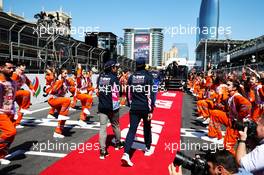 Sergio Perez (MEX) Racing Point F1 Team and Lance Stroll (CDN) Racing Point F1 Team on the drivers parade. 28.04.2019. Formula 1 World Championship, Rd 4, Azerbaijan Grand Prix, Baku Street Circuit, Azerbaijan, Race Day.