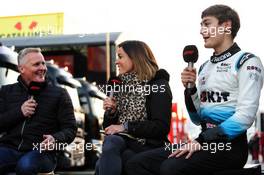 (L to R): Johnny Herbert (GBR) Sky Sports F1 Presenter with Natalie Pinkham (GBR) Sky Sports Presenter and George Russell (GBR) Williams Racing. 20.02.2019. Formula One Testing, Day Three, Barcelona, Spain. Wednesday.