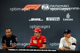 The post race FIA Press Conference (L to R): Lewis Hamilton (GBR) Mercedes AMG F1, second; Charles Leclerc (MON) Ferrari, race winner; Valtteri Bottas (FIN) Mercedes AMG F1, third. 01.09.2019. Formula 1 World Championship, Rd 13, Belgian Grand Prix, Spa Francorchamps, Belgium, Race Day.