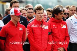 F1, F2, and F3 pay their respects to Anthoine Hubert: (L to R): Mick Schumacher (GER); Callum Ilott (GBR) and Giuliano Alesi (FRA) Ferrari Academy Drivers. 01.09.2019. Formula 1 World Championship, Rd 13, Belgian Grand Prix, Spa Francorchamps, Belgium, Race Day.