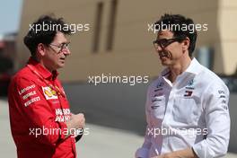 Mattia Binotto (ITA) Ferrari Team Principal and Toto Wolff (GER) Mercedes AMG F1 Shareholder and Executive Director 29.03.2019. Formula 1 World Championship, Rd 2, Bahrain Grand Prix, Sakhir, Bahrain, Practice Day