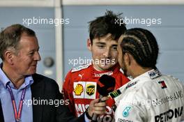 (L to R): Martin Brundle (GBR) Sky Sports Commentator with third placed Charles Leclerc (MON) Ferrari and race winner Lewis Hamilton (GBR) Mercedes AMG F1 in parc ferme. 31.03.2019. Formula 1 World Championship, Rd 2, Bahrain Grand Prix, Sakhir, Bahrain, Race Day.