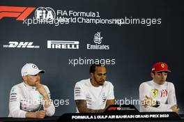 The post race FIA Press Conference (L to R): Valtteri Bottas (FIN) Mercedes AMG F1, second; Lewis Hamilton (GBR) Mercedes AMG F1, race winner; Charles Leclerc (MON) Ferrari, third. 31.03.2019. Formula 1 World Championship, Rd 2, Bahrain Grand Prix, Sakhir, Bahrain, Race Day.