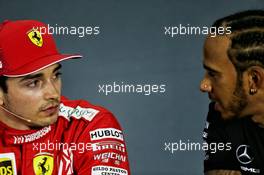 (L to R): Charles Leclerc (MON) Ferrari with Lewis Hamilton (GBR) Mercedes AMG F1 in the post qualifying FIA Press Conference. 30.03.2019. Formula 1 World Championship, Rd 2, Bahrain Grand Prix, Sakhir, Bahrain, Qualifying Day.