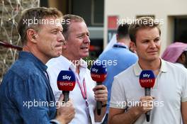 (L to R): Simon Lazenby (GBR) Sky Sports F1 TV Presenter with Martin Brundle (GBR) Sky Sports Commentator and Nico Rosberg (GER). 30.03.2019. Formula 1 World Championship, Rd 2, Bahrain Grand Prix, Sakhir, Bahrain, Qualifying Day.