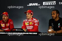 The post qualifying top three in the FIA Press Conference (L to R): Sebastian Vettel (GER) Ferrari, second; Charles Leclerc (MON) Ferrari, pole position; Lewis Hamilton (GBR) Mercedes AMG F1, third. 30.03.2019. Formula 1 World Championship, Rd 2, Bahrain Grand Prix, Sakhir, Bahrain, Qualifying Day.