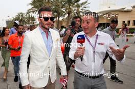 David Beckham (GBR) Former Football Player with Craig Slater (GBR) Sky F1 Reporter. 31.03.2019. Formula 1 World Championship, Rd 2, Bahrain Grand Prix, Sakhir, Bahrain, Race Day.